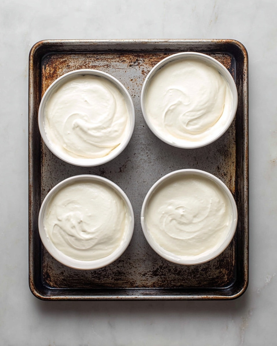 Four white round bowls filled with a smooth, creamy white mixture are placed in a worn, dark metal baking tray with rust and scratches. The trays rest on a white marbled surface. The creamy mixture has slight swirls and soft peaks on the surface in each bowl, showing a thick texture. The bowls are arranged close together, two on the left and two on the right, filling most of the tray. photo taken with an iphone --ar 4:5 --v 7