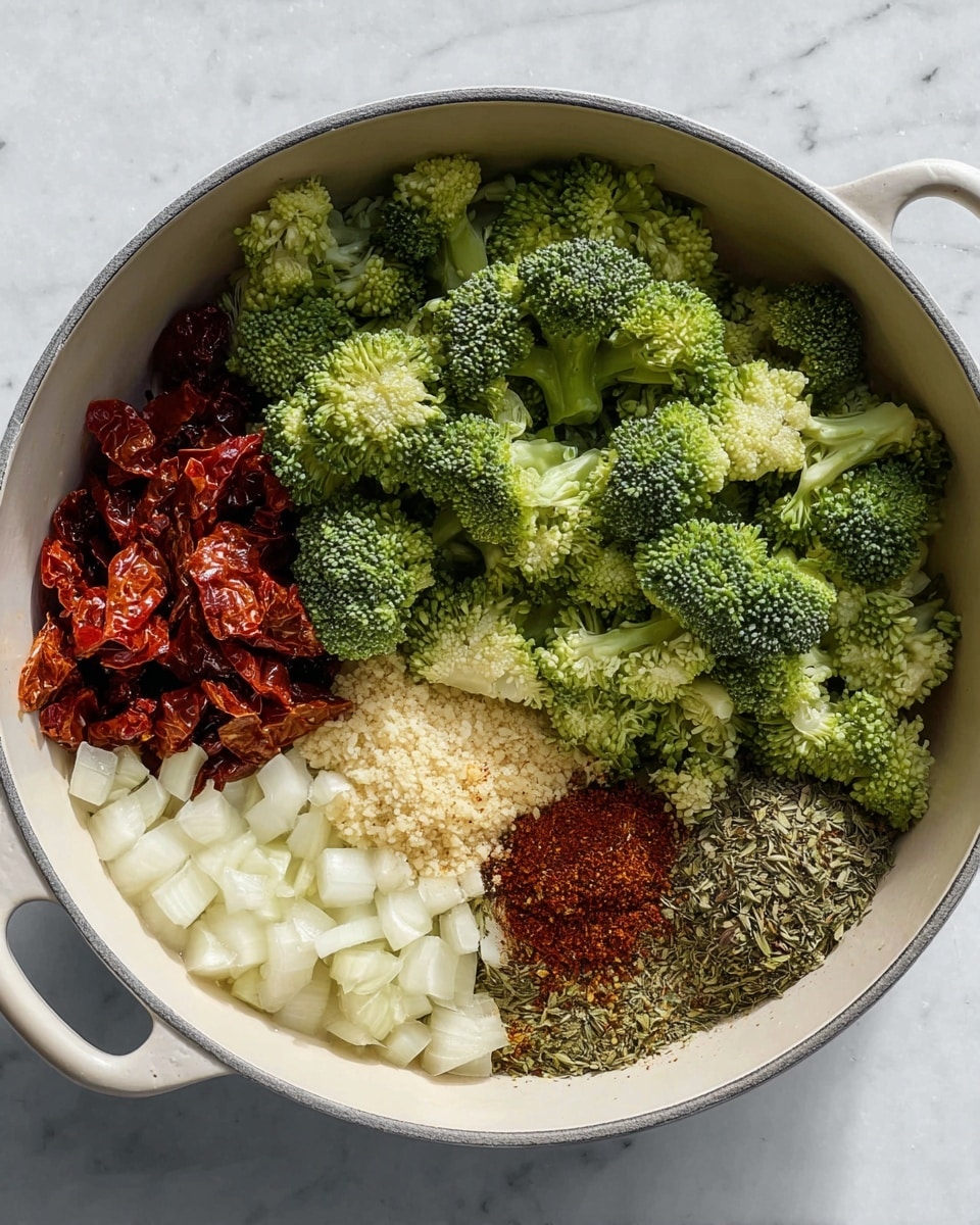 A white round pot is shown from above with six distinct layers inside. In the top left corner, there are small pieces of dried red sun-dried tomatoes with a wrinkled texture. To the right, fresh bright green broccoli florets fill a large section, showing detailed, bumpy tops. Below the broccoli, there is a small pile of finely chopped light beige garlic. On the bottom right, dried herbs and spices form two piles: one is a greenish mix of dried leaves, and the other is a reddish-brown powder sprinkled next to it. On the bottom left side, there are small white onion pieces with a translucent look arranged neatly. The pot is placed on a white marbled surface. Photo taken with an iphone --ar 4:5 --v 7