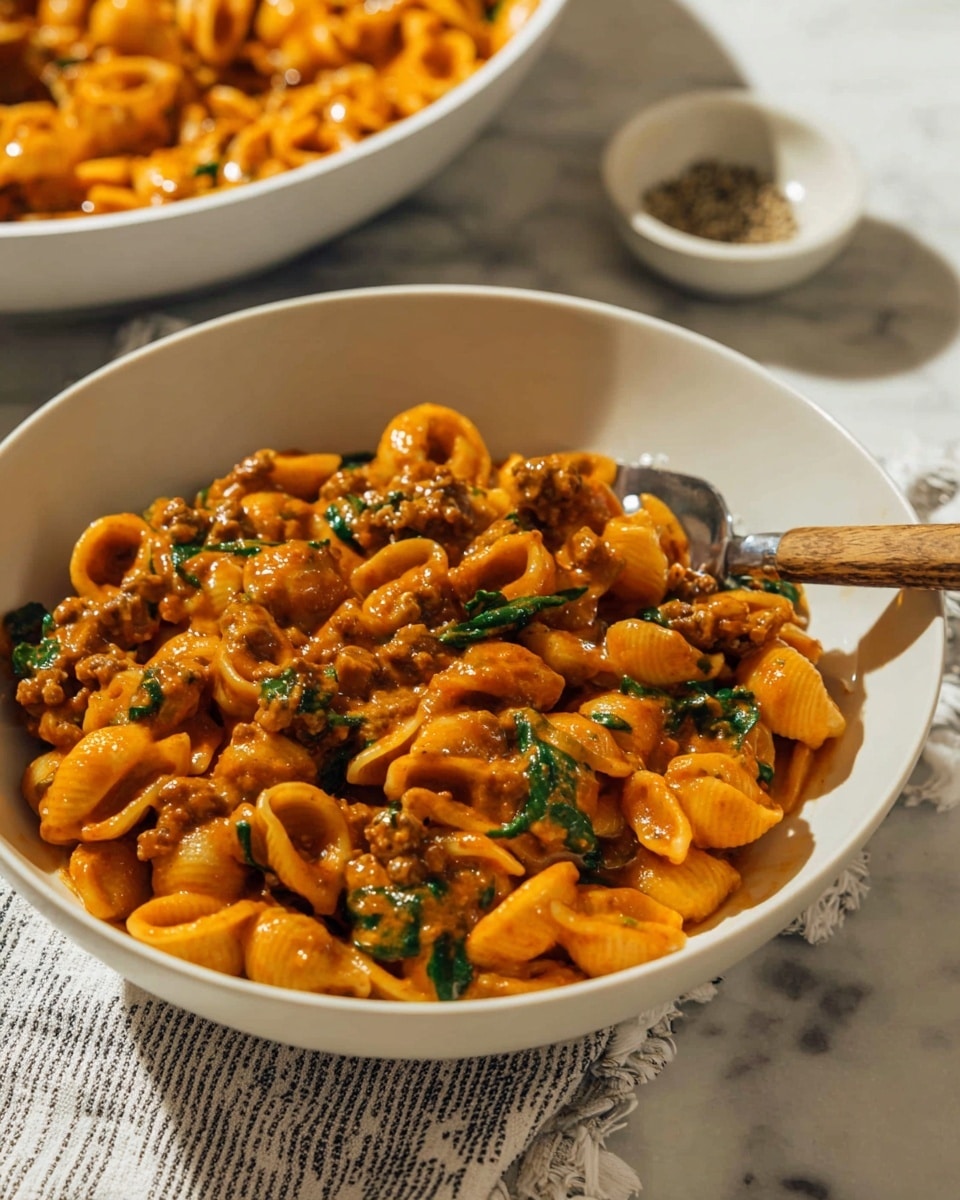 A white bowl filled with a saucy pasta dish made of small curved shell noodles covered in a rich orange sauce. The sauce contains ground meat pieces and small bright green spinach leaves, mixed evenly throughout. A wooden-handled fork rests inside the bowl on the right side. The bowl is placed on a white marbled surface with a white and black striped cloth underneath. Behind the bowl, there is a matching white bowl filled with more of the same pasta, softly out of focus. A small white dish with ground pepper sits near the top right corner. The lighting is warm, highlighting the creamy texture of the sauce and the fresh ingredients photo taken with an iphone --ar 4:5 --v 7