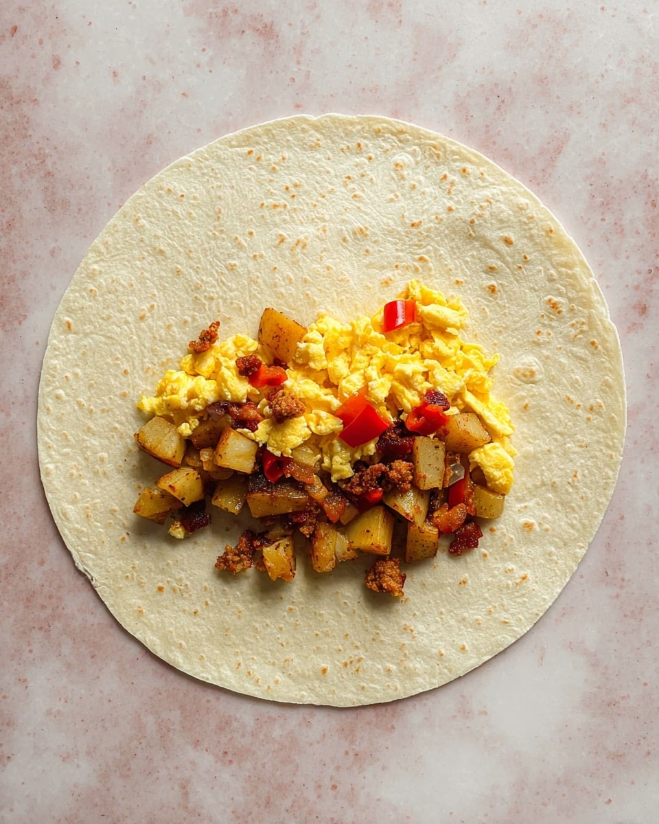 A white tortilla is spread flat on a white marbled surface, with a small pile of filling placed slightly off-center. The filling has three visible layers: the bottom layer consists of small golden brown potato pieces, the middle layer is scrambled eggs with a soft yellow color and a slightly bumpy texture, and the top layer contains small red bell pepper pieces along with some browned bits of cooked meat or bacon. The whole scene is brightly lit, showing clear details and colors of each ingredient. photo taken with an iphone --ar 4:5 --v 7