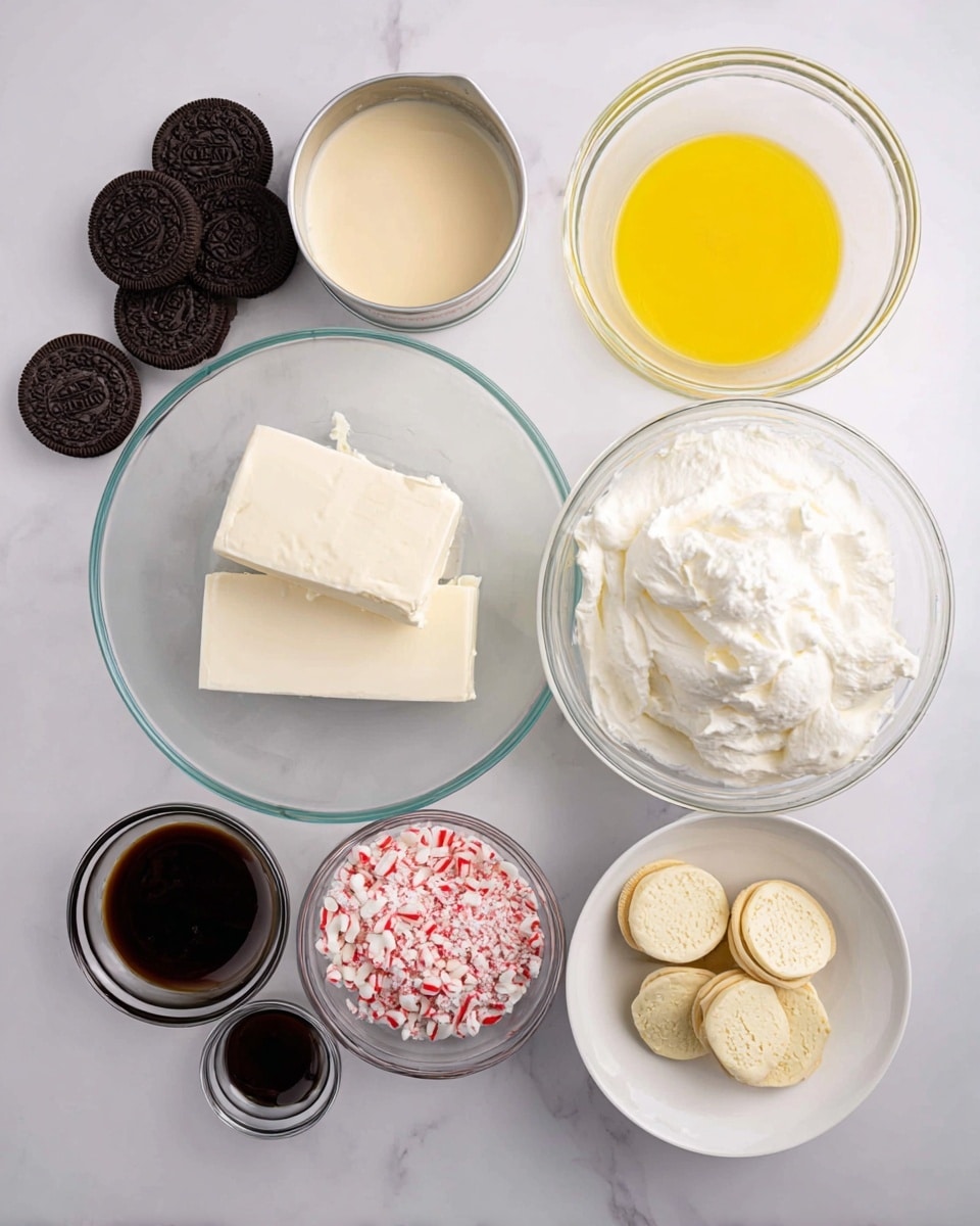 A clean, organized flat lay showing ingredients for a dessert on a white marbled surface. In the center is a large clear glass bowl holding two blocks of white cream cheese. To the upper left is a small tin filled with light beige condensed milk, next to a clear glass bowl with bright yellow melted butter. Above the cream cheese is a big white tub of whipped cream with a fluffy texture. Below the butter, a small white bowl holds crushed red and white peppermint candies. On the left side, a clear glass bowl contains whole dark chocolate sandwich cookies, while below it, a small clear bowl has round pale yellow cookie slices with cookie crumbs on top. At the bottom left is a clear bowl with dark brown vanilla extract. The scene is bright and simple, with no extra items visible, photo taken with an iphone --ar 4:5 --v 7