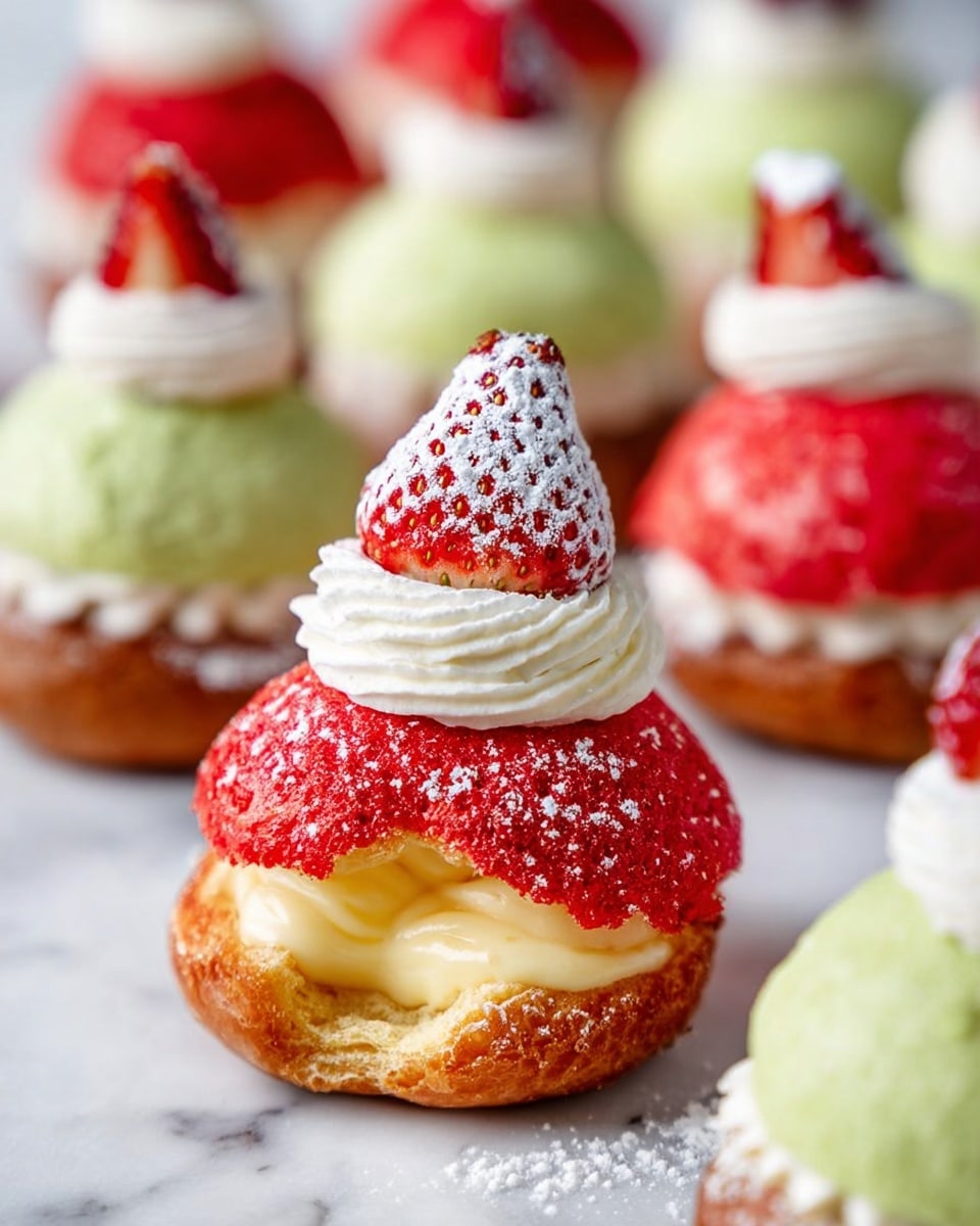 A small white cream puff with a rough, bright red top layer, filled with pale yellow cream visible through a bite on the front. On top, a swirl of white cream holds a fresh red strawberry dusted with powdered sugar, with a small white cream dollop on the strawberry's tip. The puff sits on a white marbled surface with other similar cream puffs blurred in the background, alternating between red and light green tops, all sprinkled with powdered sugar. photo taken with an iphone --ar 4:5 --v 7