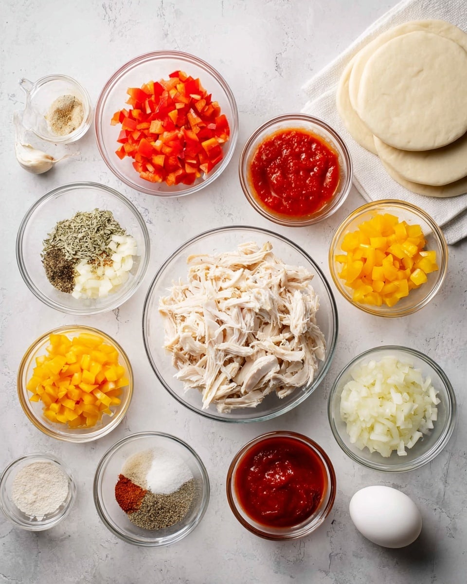 The image shows an arrangement of clear glass bowls placed on a white marbled surface, each filled with different ingredients. There are a total of 11 bowls: one with shredded white chicken pieces in the center, one with small diced red bell peppers to the left, one with yellow diced bell peppers on the right, one with diced white onions at the bottom right, one containing red sauce at the top, one with minced garlic below the red bell peppers, one with dried herbs beneath the yellow bell peppers, one with ground spices below the chicken, one with black pepper above the chicken, and one with a white powdery ingredient near the red sauce. Two white circles of dough are stacked on a white cloth at the top right, and a single white egg is positioned near the bottom left of the display. Photo taken with an iphone --ar 4:5 --v 7