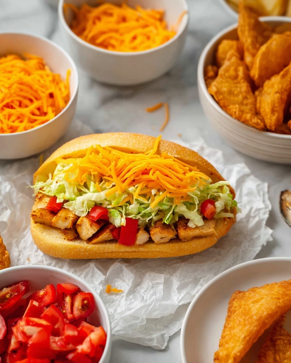 The image shows a small sandwich with three visible layers on a crumpled white paper over a white marbled surface. The bottom layer is golden-brown grilled chicken pieces, topped with a layer of light green shredded lettuce. The top layer is bright orange shredded cheddar cheese mixed with small pieces of red diced tomatoes. Around the sandwich, there are white bowls filled with orange shredded cheese, red diced tomatoes, and cooked grilled chicken pieces. On the right, part of a white plate holds a crispy, golden brown fried item. photo taken with an iphone --ar 4:5 --v 7