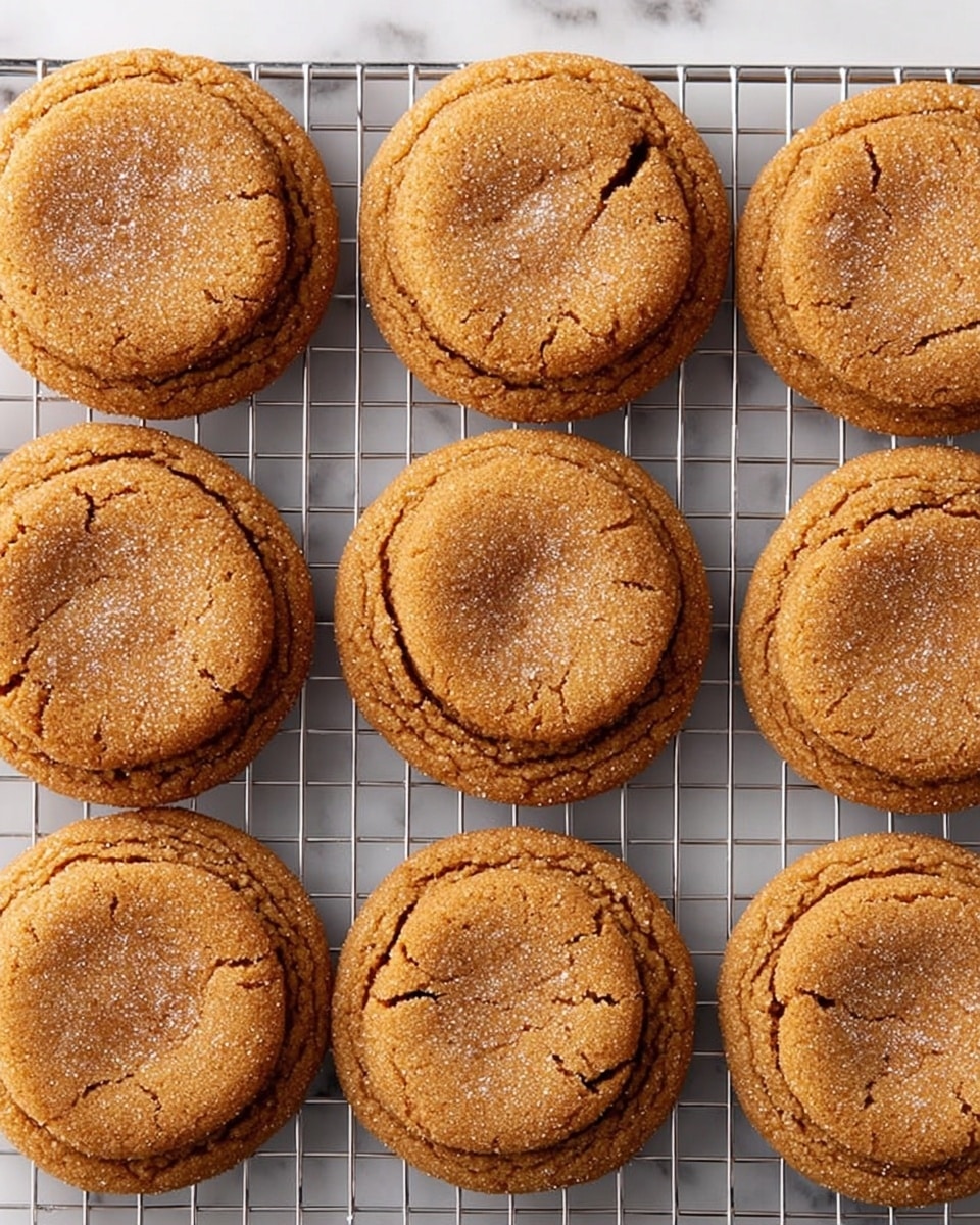 The image shows nine soft, round cookies with a golden brown color, each with a slightly puffed center and cracked surface texture that looks light and chewy. The cookies are arranged neatly on a silver metal wire cooling rack that sits on a white marbled surface. The cookies have fine sugar crystals on top, giving a slight sparkle to their warm brown tones. The spacing between the cookies is even, and their edges are slightly darker, indicating a soft but baked texture. photo taken with an iphone --ar 4:5 --v 7