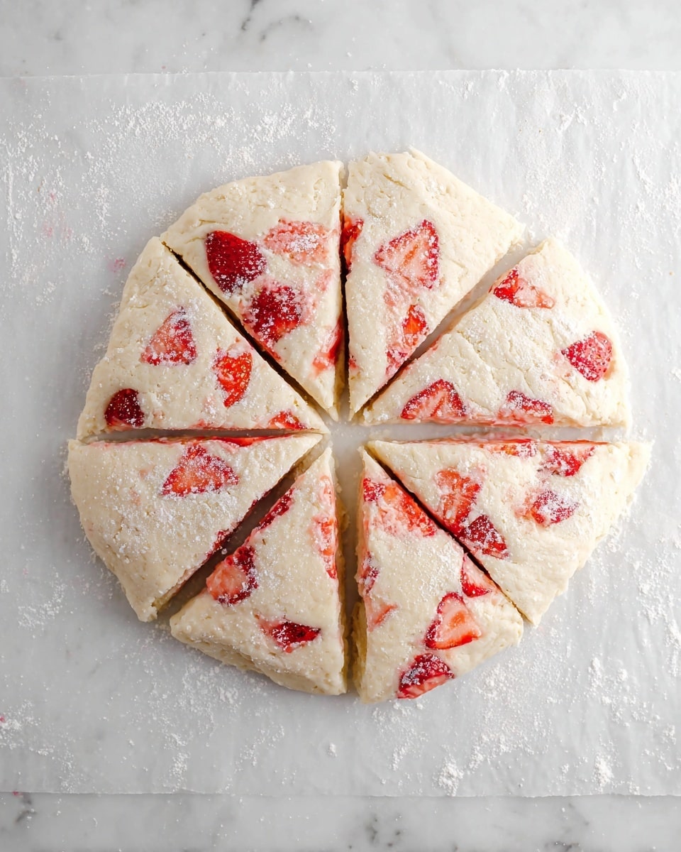 A round dough disk with visible chunks of red strawberries mixed inside is placed on white parchment paper on a white marbled surface dusted with flour. The dough is cut into eight triangular slices but kept together in a circular shape. The surface of the dough looks soft and pale with pieces of strawberries slightly embedded and peeking through. Some strawberry pieces have a light dusting of flour. photo taken with an iphone --ar 4:5 --v 7