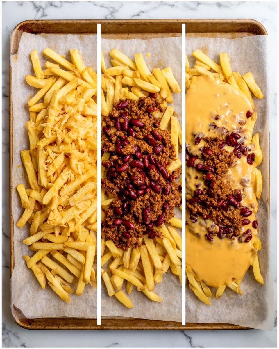 The image shows three stages of a dish on a parchment-lined baking tray with a white marbled surface underneath. In the first stage, there is a layer of golden-yellow thick-cut fries spread loosely across the tray, their texture looks slightly crispy. The second stage adds a thick, brown layer of cooked ground meat mixed with dark red kidney beans on top of the fries, covering most of them but leaving some fries visible around the edges. In the third stage, a smooth, creamy, light orange-yellow cheese sauce is poured over the meat and beans layer, spreading unevenly and drizzling around the edges onto some fries. The whole dish shows a mix of soft, hearty, and creamy textures, set on a light background. Photo taken with an iphone --ar 4:5 --v 7