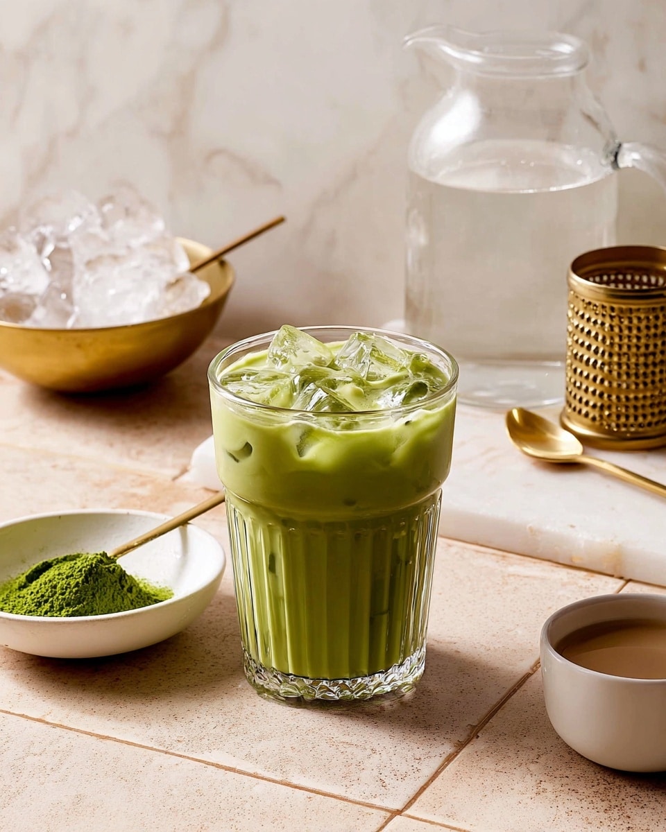 The image shows a glass filled with iced matcha latte, featuring a bright green creamy layer with ice cubes floating on top, placed in a clear glass with vertical ridges. The glass is near the center on a tiled surface with neutral tones and a white marbled background. To the left, there is a small white bowl with vivid green matcha powder and a spoon resting inside. Behind it, a clear glass pitcher filled with water and a golden bowl with ice cubes are visible. On the right side, a small white cup with a light brown liquid is placed next to a gold grater. The scene looks fresh and softly lit, capturing the details with a photo taken with an iphone --ar 4:5 --v 7