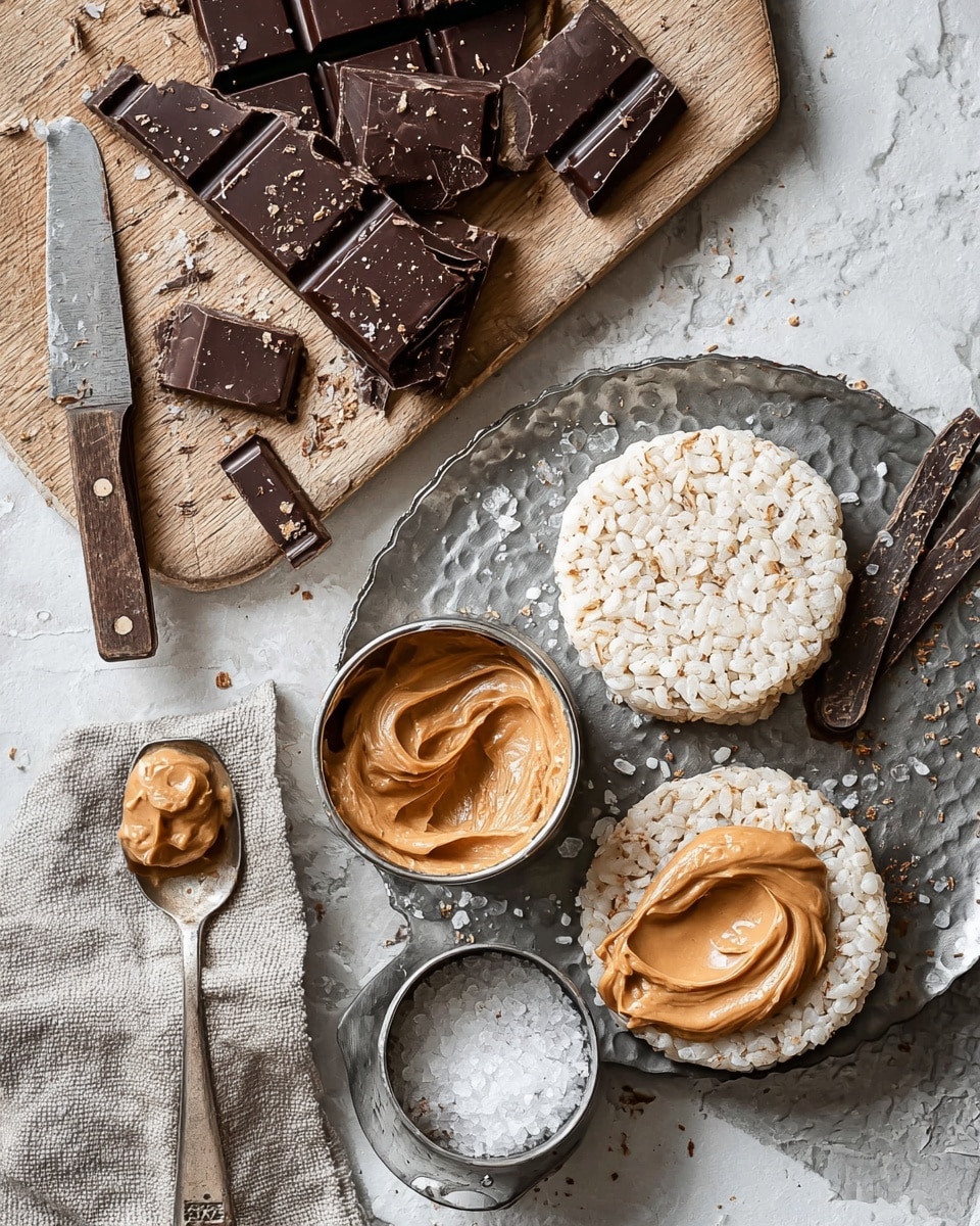 The image shows a close-up of three round rice cakes on a scratched silver tray placed on a white marbled surface. One rice cake is fully covered with a creamy peanut butter layer with a smooth texture and light brown color, and a spoon with a dollop of the same peanut butter lies on the tray beside it. Next to the tray, there is a small metal cup filled with more peanut butter and another small metal cup containing coarse sea salt. To the left, a wooden cutting board holds a block of dark chocolate with some pieces chopped off, and a knife with a wooden handle rests on the board. The overall setting has a rustic feel with a mixture of natural textures. photo taken with an iphone --ar 4:5 --v 7