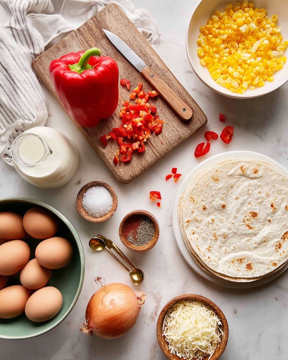 The image shows a flat wooden board on a white marbled surface, with one whole red bell pepper cut in half laying near a small knife with a light wooden handle, and small red bell pepper pieces scattered. At the top right, there is a white bowl filled with small yellow diced pieces. Below the board, a green bowl contains six brown eggs. To the left, two whole yellow onions rest on a white cloth with gray stripes beside a clear glass jug filled with cream. Near the jug, a small wooden bowl holds salt, black pepper, and garlic powder with two small gold spoons beside it. On the right side, there is a stack of white tortillas resting on a round white plate. At the bottom right, a small wooden bowl is filled with shredded white cheese. All are set on a clean white marbled surface. photo taken with an iphone --ar 4:5 --v 7