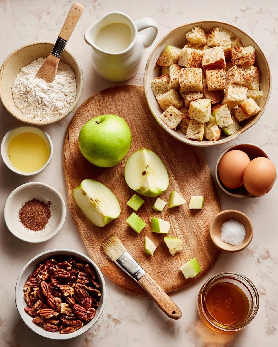 This image shows a wooden cutting board placed on a white marbled surface. On the board, there is a whole green apple, half of the apple with the inside showing, and small diced pieces of the green apple scattered near the center. Around the cutting board, there are several small white bowls and a larger light brown bowl. The larger bowl on the right side is filled with light beige chunks of bread with brown toasted spots. A smaller bowl below the cutting board contains chopped pecans, showing a mix of dark brown and cream colors. Another white bowl on the left has melted butter with a brush resting inside it. Above the cutting board, there is a white bowl with white flour, a brown bowl holding two brown eggs, a white pitcher filled with milk, and a small white bowl of ground cinnamon. A clear glass jar containing a small amount of amber syrup is placed near the bottom right. Photo taken with an iphone --ar 4:5 --v 7
