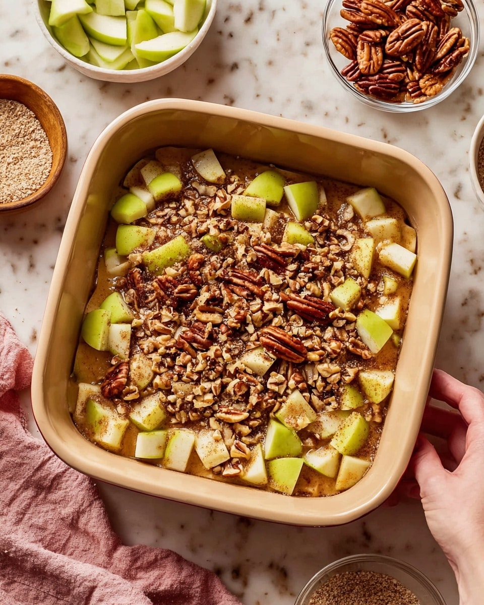 A square beige baking dish holds a layered mixture starting with a base of light brown, sauce-covered egg pieces evenly spread out. On top, there is a layer of bright green apple chunks scattered mostly in the center, and over them is a generous sprinkle of small, chopped pecan nuts with a rich brown color. A woman’s hand with red nail polish is shown adding more nuts to the center. Surrounding the dish, there are bowls with additional apple chunks and pecans placed on a white marbled surface, with a soft pink cloth partly visible nearby. photo taken with an iphone --ar 4:5 --v 7