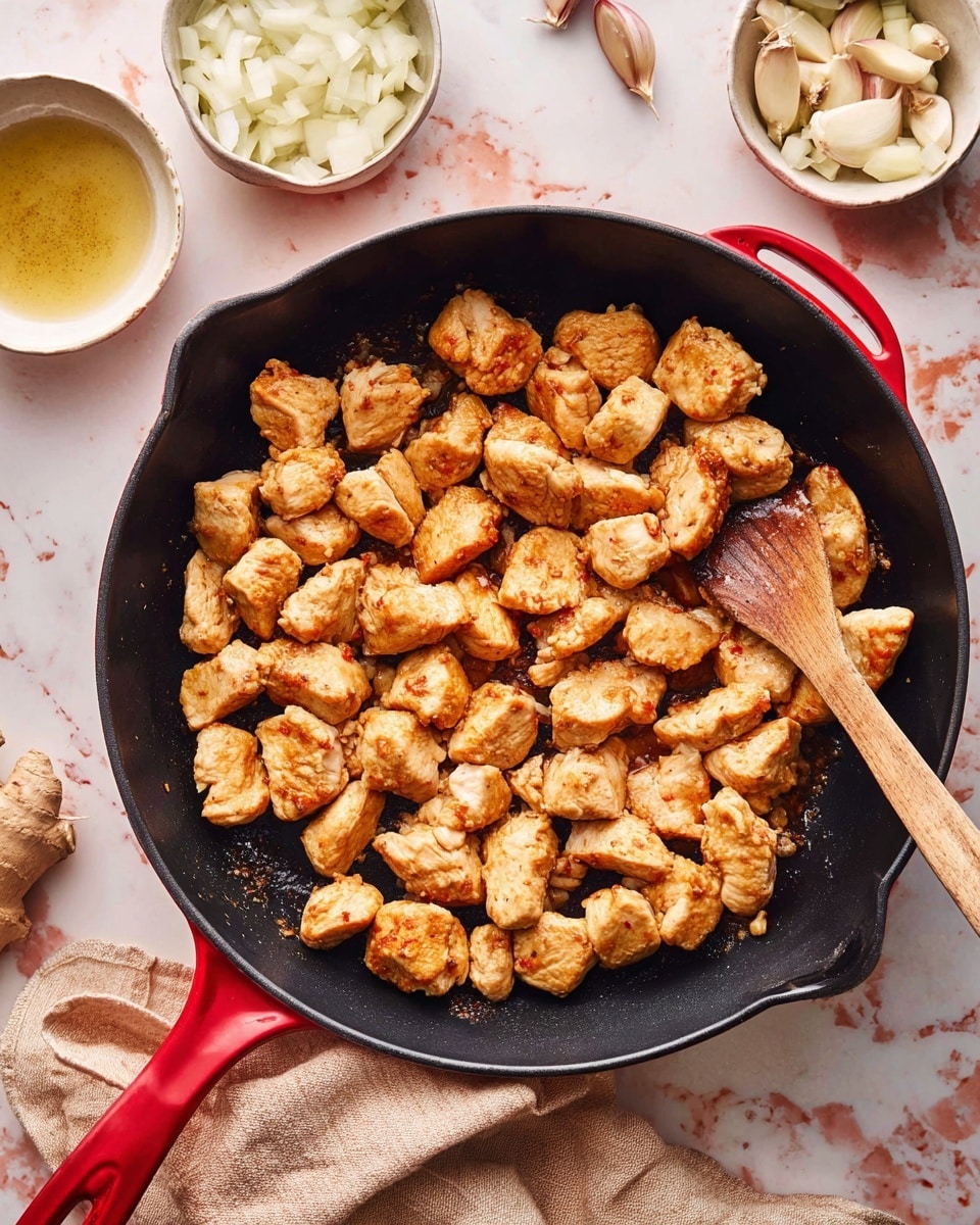 A black skillet with two red handles holds many small pieces of golden brown cooked chicken, spread evenly inside. A wooden spatula lies diagonally across the skillet, touching the chicken pieces. Around the skillet, there are white bowls with sliced onions, garlic cloves, and some clear liquid. The surface beneath everything is a white marbled texture with a hint of reddish tiles. A soft, light-colored cloth is placed near the skillet’s bottom edge. Photo taken with an iphone --ar 4:5 --v 7