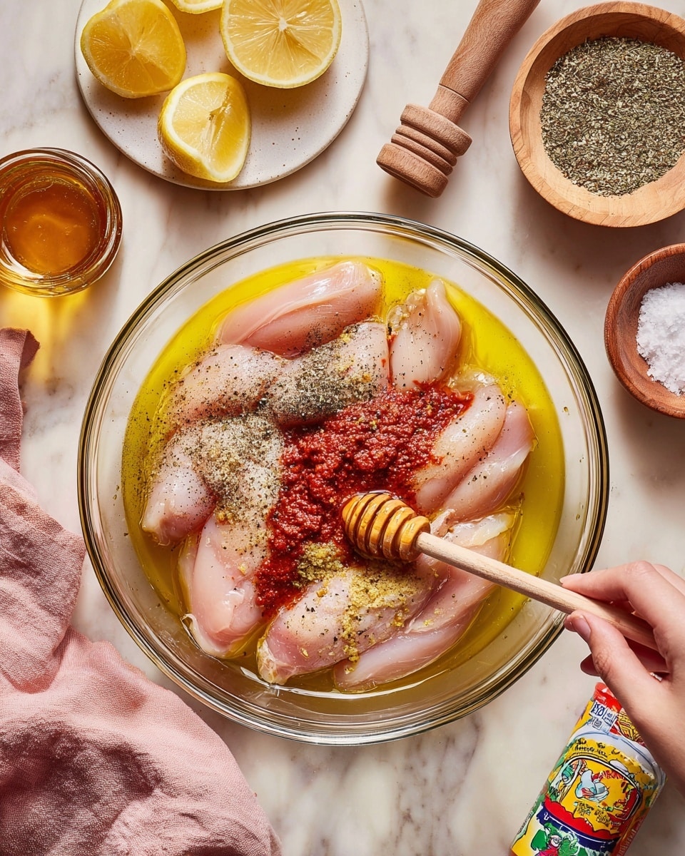 A clear glass bowl sits on a white marbled surface, filled with seven raw pale pink chicken tenderloins partially submerged in a layer of yellow olive oil. On top of the chicken, there are layers of black pepper and coarse white salt sprinkled around, along with a vibrant red layer of harissa paste placed mostly in the center. A wooden honey dipper rests on the edge of the bowl, held by a woman's hand, lightly drizzling honey over the mix. Surrounding the bowl, there is a white plate holding a squeezed yellow lemon half and a wooden juicer, a small wooden bowl with black pepper and salt, a glass jar filled with a golden liquid, a colorful tube of harissa paste, and a soft pink cloth on the side. Photo taken with an iphone --ar 4:5 --v 7