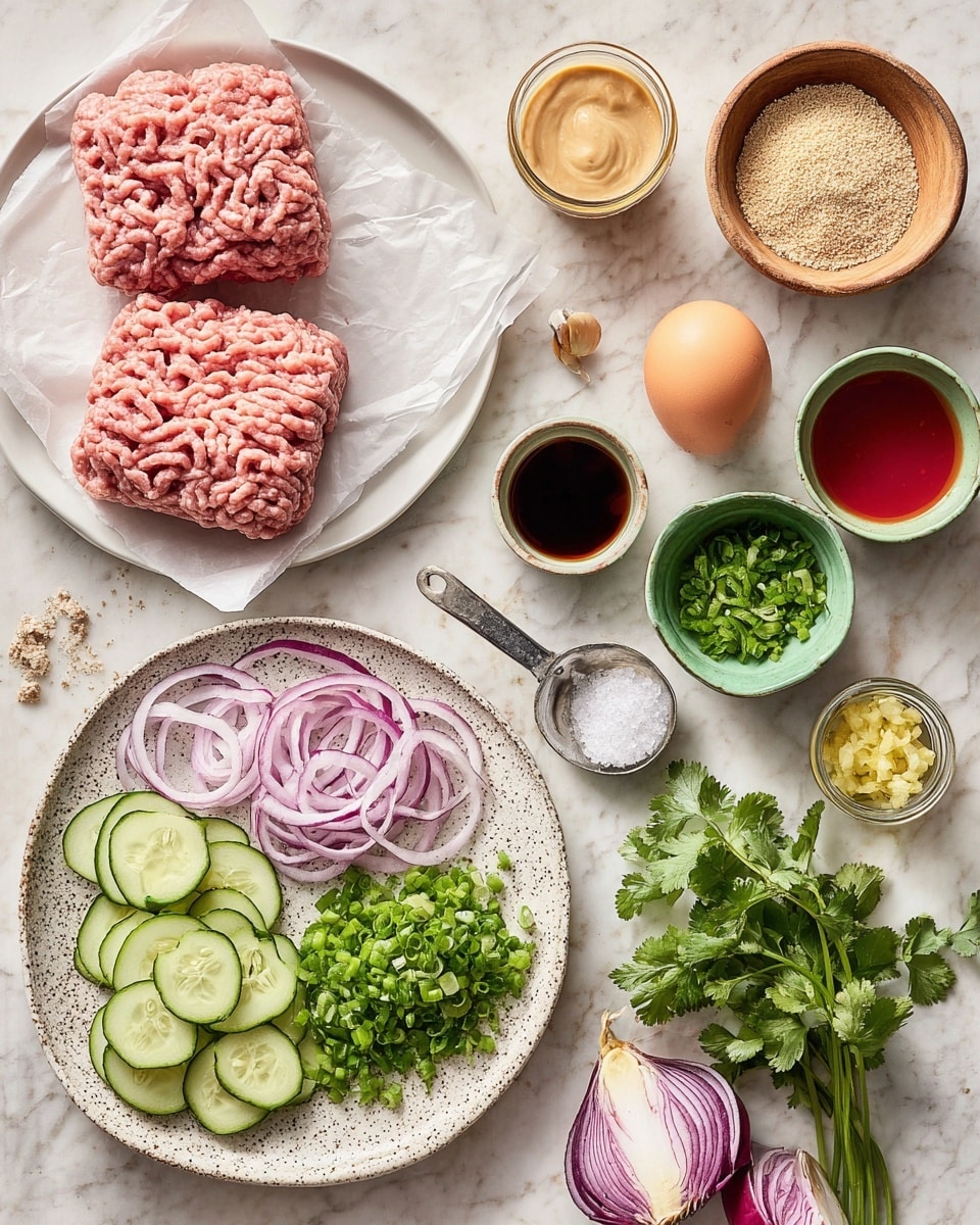 The image shows an arrangement of fresh ingredients on a white marbled surface, including two blocks of raw ground meat with a pink color on white parchment paper atop a white plate on the left side; a speckled white-green ceramic plate in the lower center holds three separate piles: thin slices of cucumbers in light green, thin slices of red onion in purple, and green leafy cilantro to the right of the onions. Surrounding these are small bowls and jars filled with light brown creamy sauce, minced pale yellow garlic, finely chopped green onions in a wooden bowl, and bright red liquid in glass jars, alongside a small white ceramic container with dark soy sauce, a raw brown egg, a metal measuring cup with beige breadcrumbs, a small pile of coarse white salt in a green bowl, and several sprigs of fresh cilantro laid out with a halved red onion at the bottom right. Photo taken with an iphone --ar 4:5 --v 7