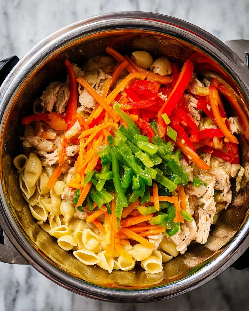 Inside a pot, there is a colorful mix of food with three main layers. The bottom layer is made of pale yellow pasta shaped like small tubes. The middle layer has pieces of light brown chicken mixed with cooked onions and a creamy sauce giving a soft texture. On top, there are bright, fresh strips of green, orange, and red bell peppers, adding a crunchy and lively look. The pot is shiny silver, and the whole scene is set on a white marbled surface. Photo taken with an iphone --ar 4:5 --v 7