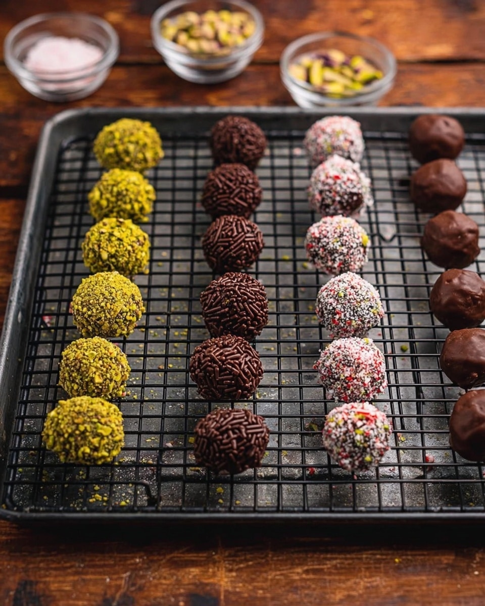 Four rows of round chocolate truffles rest on a black wire rack over a baking tray, placed on a wooden table with bowls of sprinkles and crushed nuts nearby. The first row from the left has four truffles coated in crushed bright green pistachios, showing a rough texture. The next row has four truffles covered in smooth dark chocolate with dark chocolate sprinkles on top, giving a textured look. The third row features four truffles coated in white chocolate with crushed candy cane pieces that add red and white specks, creating a rough texture. The last row has four truffles coated in smooth dark chocolate, showing a shiny surface. The photo taken with an iphone --ar 4:5 --v 7