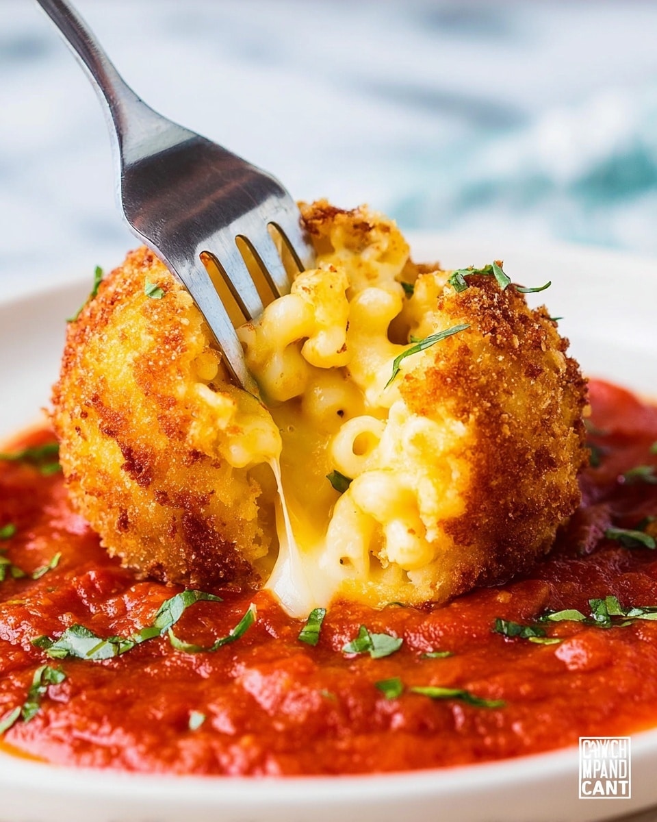 Three golden crispy balls are placed in a row on a long white rectangular plate, each sitting on a layer of red chunky tomato sauce. The balls have a crunchy texture with small bread crumbs visible on the outside, and they are topped with thin shreds of light yellow cheese and small sprigs of fresh green herbs. The plate rests on a white marbled surface, with part of another white plate and some green parsley blurred in the background. Photo taken with an iphone --ar 4:5 --v 7