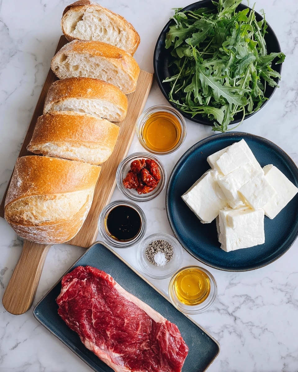 The image shows a sliced baguette with seven pieces arranged in a line on a wooden board with a golden crust and soft white inside. Next to it, on the right bottom side, is a dark blue rectangular plate holding a raw red steak with light fat around the edges. Above it, there is a bunch of fresh green arugula leaves. Near the top right, a black round plate holds eight white blocks of cheese with a slightly soft texture. Around the board, there are several small glass bowls: one with dried red sun-dried tomatoes, one with golden honey, one with dark balsamic vinegar, one with black pepper, and two with white granulated salt and sugar. The whole setup is placed on a white marbled surface. photo taken with an iphone --ar 4:5 --v 7