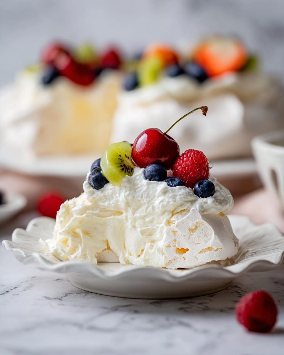 The image shows a slice of a pavlova dessert on a white scalloped plate. The pavlova has two main layers: a thick, marshmallow-like white base with a smooth, slightly cracked texture, and a generous top layer of fluffy white cream. Fresh fruits sit on top of the cream, including blueberries, raspberries, a halved cherry, and a small slice of green kiwi, adding bright red, blue, and green colors. In the background, there is a full pavlova on a white plate, out of focus. The setup rests on a white marbled surface with a soft, bright light. Photo taken with an iphone --ar 4:5 --v 7