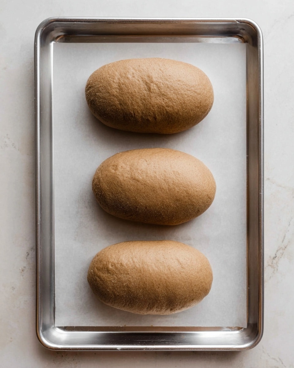 A silver baking tray holds three oval-shaped brown dough pieces arranged vertically, evenly spaced from top to bottom. Each dough piece has a smooth texture and a slightly rounded top. The tray rests on a white marbled surface. photo taken with an iphone --ar 4:5 --v 7