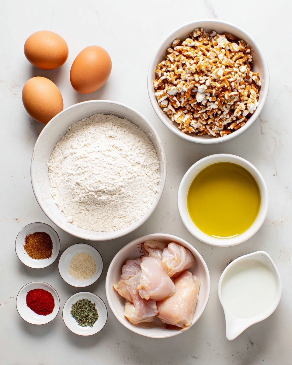 The image shows six white bowls and a white measuring cup with ingredients arranged neatly on a white marbled surface. On the top left, there are two brown eggs beside a small white bowl filled with white flour. In the center, there is a large white bowl filled with crushed pretzel pieces that are light brown with some white bits. To the right of that is a bright white measuring cup filled with clear, golden oil. Below the oil is a medium white bowl holding raw, pale pink chicken pieces. At the bottom left, there is a small white bowl containing six different spices arranged in small piles of red, green, black, white, beige, and a light brown color. Lastly, a small white measuring cup on the top right holds white milk. The ingredients are well spaced and lit softly with no shadows. Photo taken with an iphone --ar 4:5 --v 7