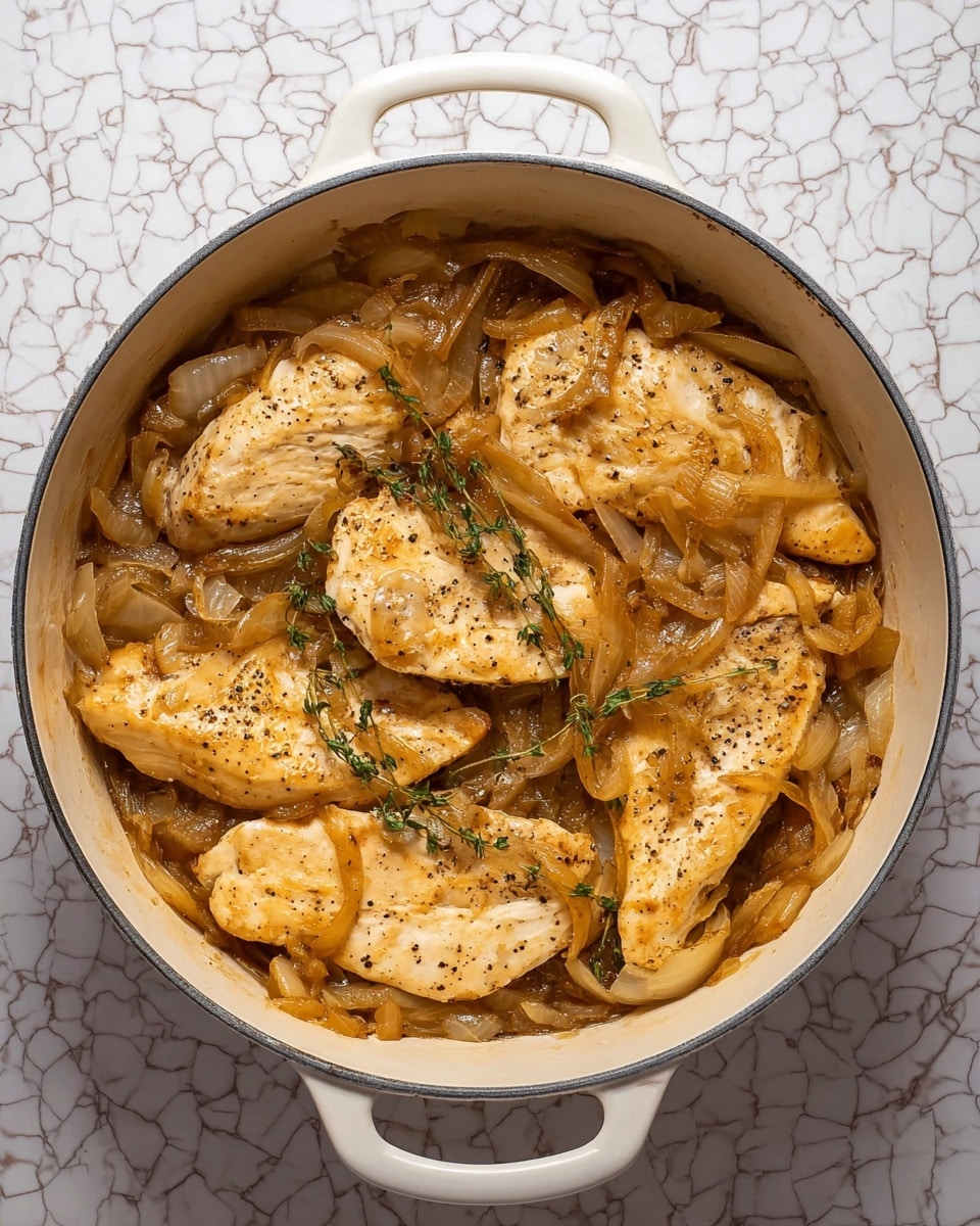 A white cooking pot filled with a single layer of caramelized onions, varying in color from light golden brown to deeper amber shades, with a soft and slightly translucent texture. The onions are sliced into curved, thin strips that overlap naturally inside the pot. The pot sits on a white marbled surface, and the background shows a tiled texture in soft peach and cream colors. Photo taken with an iphone --ar 4:5 --v 7
