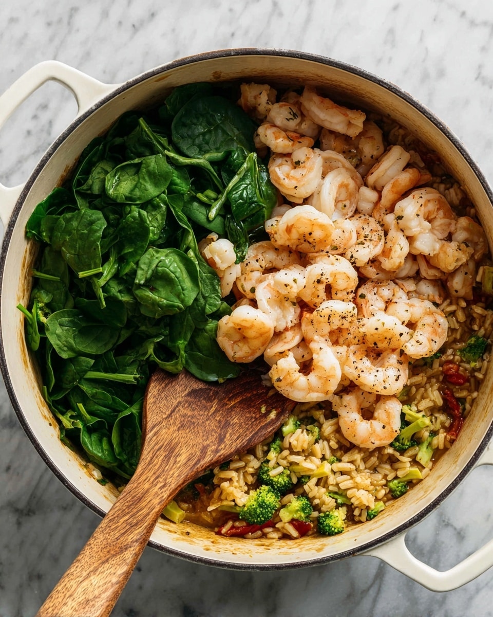 A white pot holds a mix of food with three main layers visible. The bottom layer consists of small light brown rice grains mixed with some green broccoli pieces and bits of red tomato or pepper, all covered in a light brown sauce. On the left side, there is a fresh layer of dark green spinach leaves, while the right half is topped with a pile of pinkish-white cooked shrimp, some showing hints of light orange, all slightly shiny and seasoned with black pepper. A wooden spoon with natural wood grain rests inside the pot among the ingredients. The pot is placed on a white marbled surface. Photo taken with an iphone --ar 4:5 --v 7