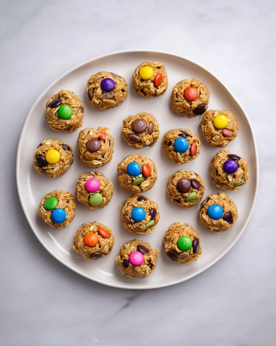 A white round plate on a white marbled surface holds 21 small round cookie dough balls arranged in a loose circle and center, each ball light brown with visible oats and chocolate bits. Each dough ball is topped with two colorful candy-coated chocolates in pairs of different colors: purple, blue, green, yellow, orange, pink, and red. The candies add bright spots of color on the textured cookie dough balls. The whole scene is lit softly, showing the rough yet moist texture of the dough and the smooth candy shells photo taken with an iphone --ar 4:5 --v 7
