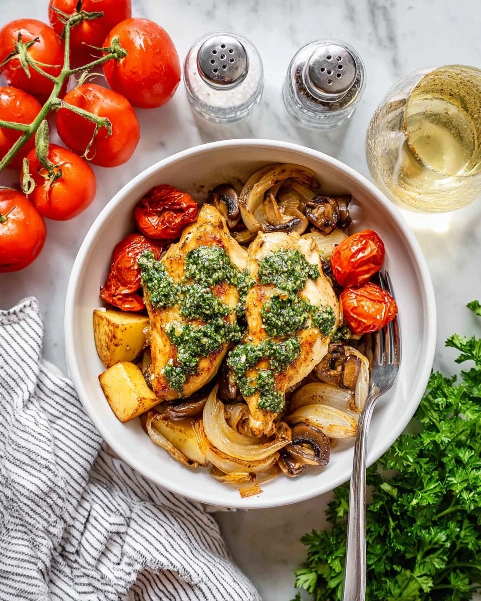 A white bowl holds two golden-brown grilled chicken pieces topped with a bright green herb sauce. Beneath the chicken are caramelized onion slices with a light brown edge, reddish roasted tomato halves with seeds visible, small chunks of golden roasted potatoes, and browned mushrooms giving a mix of earthy shades. A silver fork rests on the right side inside the bowl. Around the bowl, on a white marbled surface, are ripe red tomatoes still on the vine, a glass of light-colored drink, two clear glass shakers with salt and pepper, and a white cloth with black stripes, with some green parsley leaves showing at the bottom right. Photo taken with an iphone --ar 4:5 --v 7