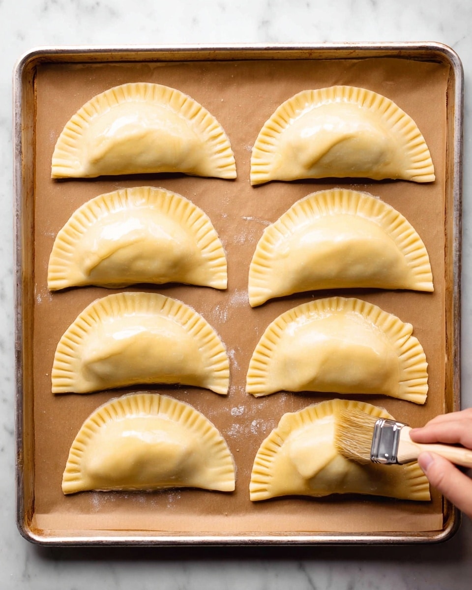 There is a baking tray lined with brown parchment paper, on top of which are ten uncooked empanadas arranged in two rows of five. Each empanada is shaped like a half-moon with edges pressed down and fork-pressed to seal, showing a pale yellow dough. The surface of the dough looks smooth with slight puffiness from the filling inside. A woman’s hand is holding a brush at the bottom right corner, brushing the empanada with a shiny egg wash. The tray is set on a white marbled surface. photo taken with an iphone --ar 4:5 --v 7