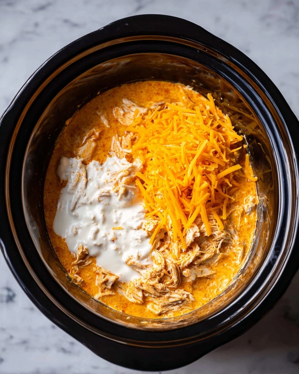 Inside a black slow cooker, there are three main layers. The bottom layer is a creamy orange sauce mixed with shredded chicken, covering the base and sides of the cooker. In the middle, there is a white creamy sauce sitting on top of part of the orange sauce. The top layer is a heap of bright orange shredded cheddar cheese placed neatly on one side of the cooker. The texture of the shredded chicken is visible between the white sauce and cheese. The cooker is placed on a white marbled surface. Photo taken with an iphone --ar 4:5 --v 7