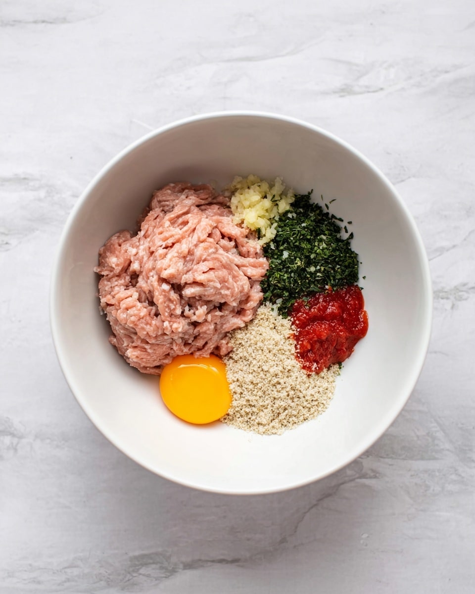 A white bowl sits on a white marbled surface, holding five main layers of ingredients. The largest layer is pale pink ground meat, loosely shaped and sitting on the left center. Near the bottom left is a whole raw egg yolk, bright yellow with clear whites around it. To the right of the egg yolk and partially underneath the ground meat is a light beige grainy mixture resembling breadcrumbs. Above the breadcrumb layer is a pile of finely chopped dark green herbs. At the top center of the bowl, there is a small dollop of pale yellow minced garlic, and next to it on the right side is a small amount of bright red sauce. The layers are neatly arranged and clearly separated. Photo taken with an iphone --ar 4:5 --v 7