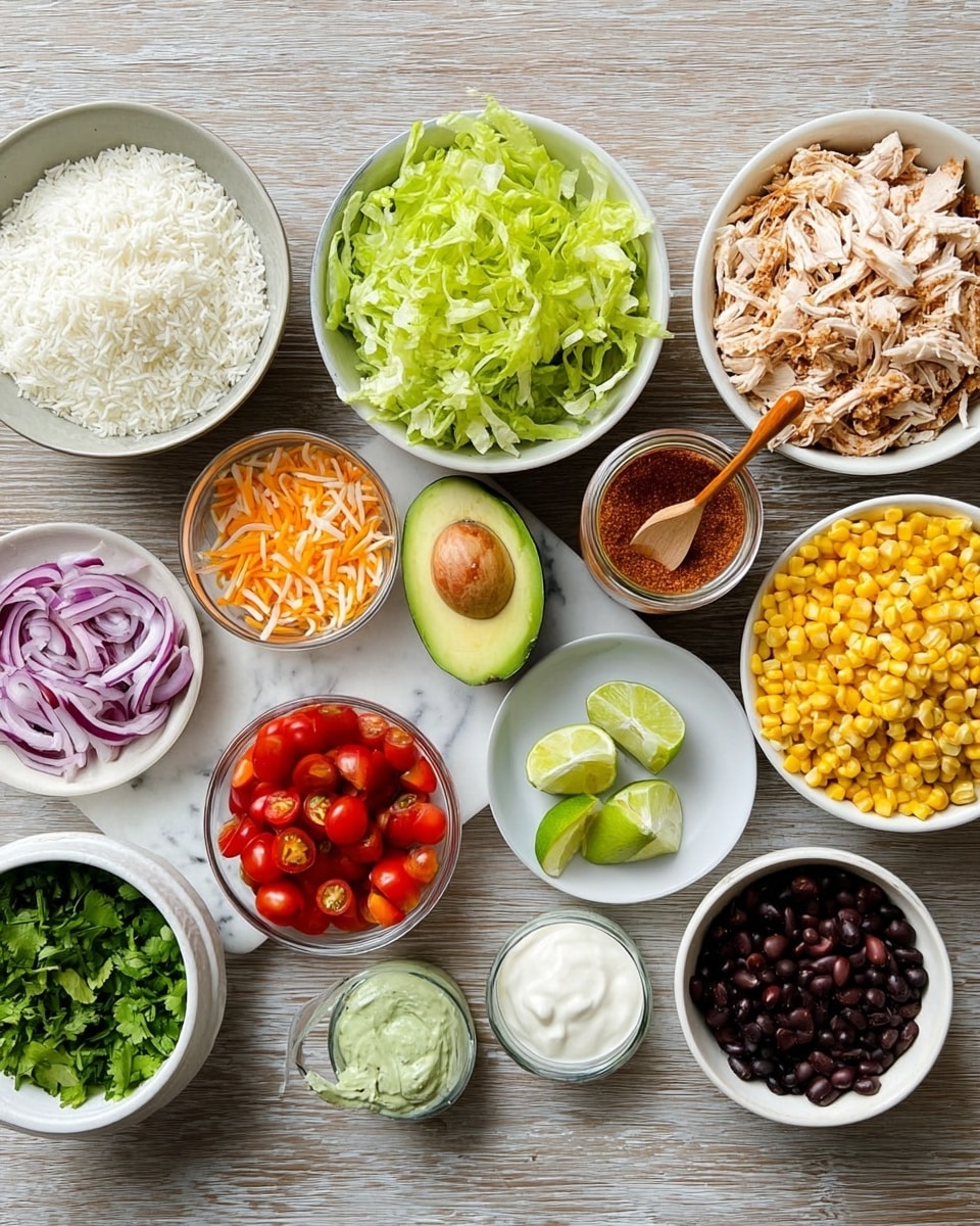 A flat lay of many small white bowls and dishes arranged on a white marbled surface, each filled with different ingredients: one bowl with white rice has a fluffy, grainy texture; another with shredded pale chicken pieces slightly layered; a bowl of bright green shredded lettuce looks fresh and crisp; a small dish of thin purple onion slices; a small container of pale green creamy sauce; a small white plate holds half a green avocado with a brown seed and four lime wedges; a glass jar filled with reddish-brown seasoning with a small wooden spoon inside; a bowl filled with orange and white shredded cheese; a bowl with halved red cherry tomatoes showing their juicy inside; a bowl of black beans with a smooth, glossy surface; a bowl of bright yellow corn kernels; a bowl with red chunky salsa; a small bowl of bright green chopped cilantro; and a small glass cup with white sour cream, all viewed from above. photo taken with an iphone --ar 4:5 --v 7
