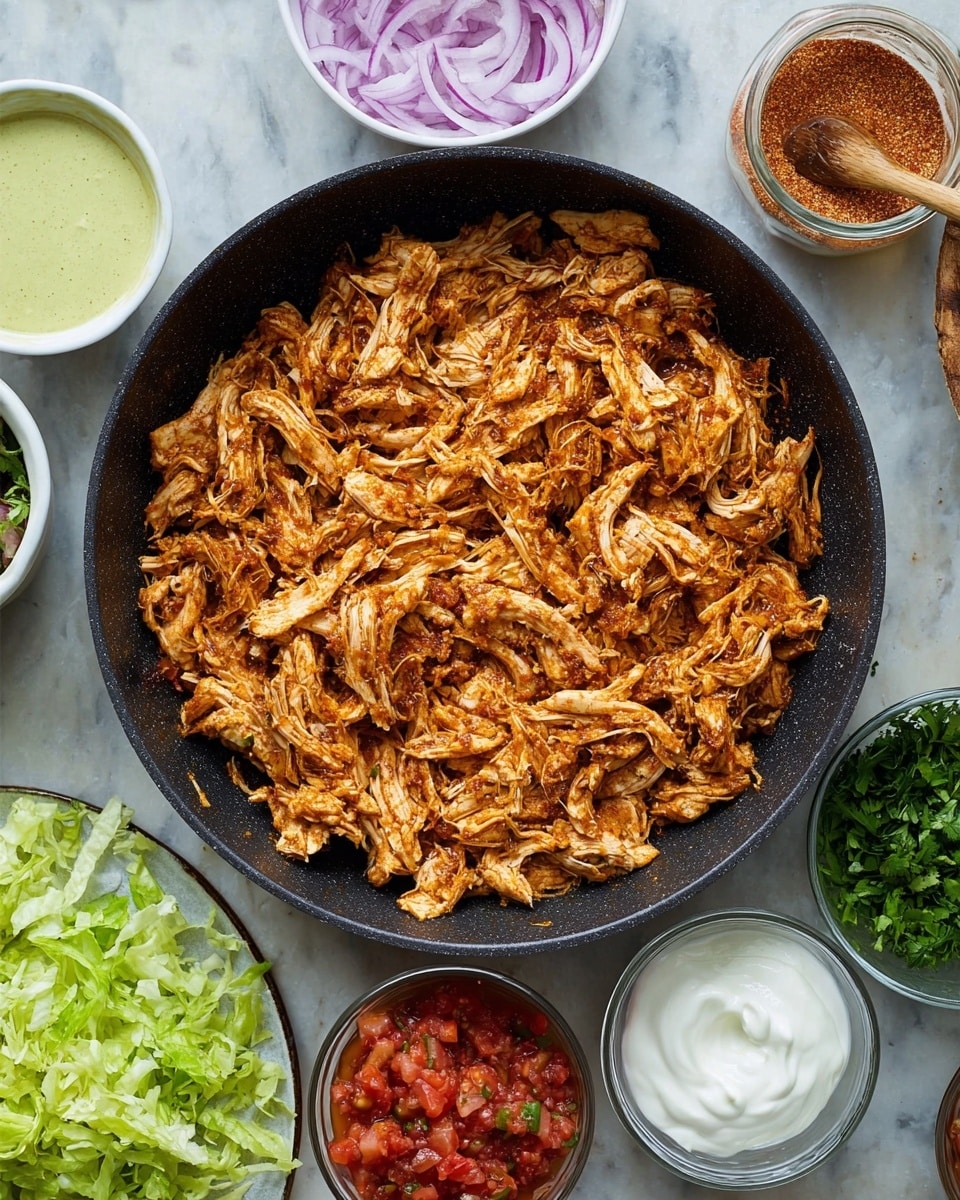 A large black pan filled with a single layer of shredded cooked chicken with a reddish-brown color from spices, showing a mix of tender, stringy textures. Around the pan, there are six white bowls and containers arranged on a white marbled surface: top left has light green creamy sauce in a tall cup, top center has thin slices of bright purple onion, top right holds a clear jar filled with a coarse reddish spice mix with a wooden spoon inside, middle right contains chopped fresh dark green herbs, bottom right shows a small container with thick white sour cream, bottom center holds chunky red salsa with bits of green and orange, and bottom left has roughly chopped bright green lettuce leaves. The scene is bright and evenly lit, shot from above. photo taken with an iphone --ar 4:5 --v 7