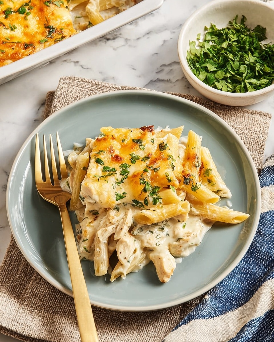 A white plate holds a serving of baked penne pasta in three layers: the bottom layer is creamy white sauce with chunks of light beige chicken pieces mixed with penne pasta, the middle layer shows golden-brown melted cheese with slightly crispy edges, and the top layer is sprinkled with chopped green herbs. A gold fork rests on the left side of the plate. The plate sits on a white marbled surface next to a small white bowl filled with fresh chopped green herbs and a white dish of baked pasta visible on the left edge. A textured beige cloth with blue stripes is placed on the right side. Photo taken with an iphone --ar 4:5 --v 7