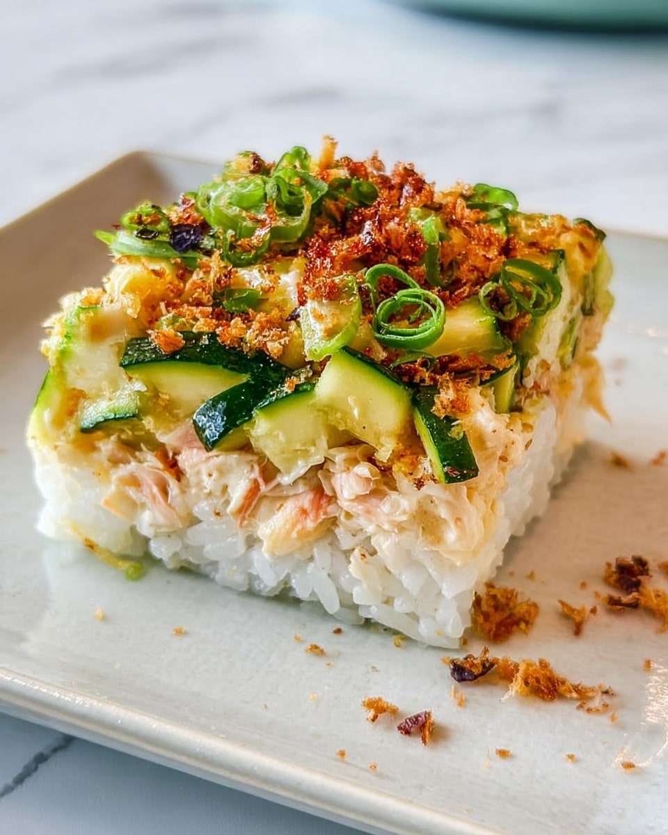 A square piece of sushi on a white plate with a white marbled background, made of three visible layers: the bottom layer is white sticky rice, the middle layer is light pink crab meat or imitation crab, and the top layer is chopped green zucchini mixed with green onion slices and brown crunchy bits sprinkled on top. Photo taken with an iphone --ar 4:5 --v 7
