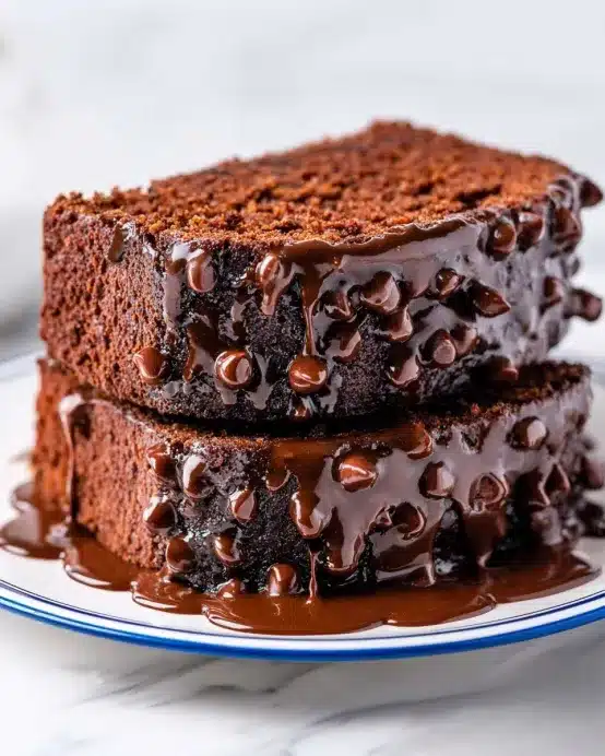 The image shows a thick slice of chocolate cake with three visible layers. Each layer is rich and moist, covered in a shiny, smooth chocolate sauce that drips down the sides. Between the layers and on the top, there are many chocolate chips scattered, adding texture and detail. The cake rests on a white plate with a thin blue rim, all placed on a white marbled surface. In the background, more chocolate chips can be seen slightly out of focus. The photo taken with an iphone --ar 4:5 --v 7