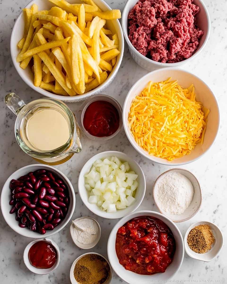 A top view of several white bowls and a clear glass pitcher arranged on a white marbled surface, each containing different ingredients: one large bowl filled with raw yellow frozen potato fries, another large bowl with bright yellow shredded cheddar cheese, a medium bowl with raw ground red meat, a medium bowl with dark red kidney beans, a medium bowl with chopped white onions, a small bowl with tomato paste, a small bowl with minced garlic, a small bowl with white flour, a small white bowl with a mix of ground spices in brown and beige tones, and a small bowl holding red chunky salsa. The colors range from pale yellow to red and white with textures from smooth liquid to grated and chopped items. photo taken with an iphone --ar 4:5 --v 7