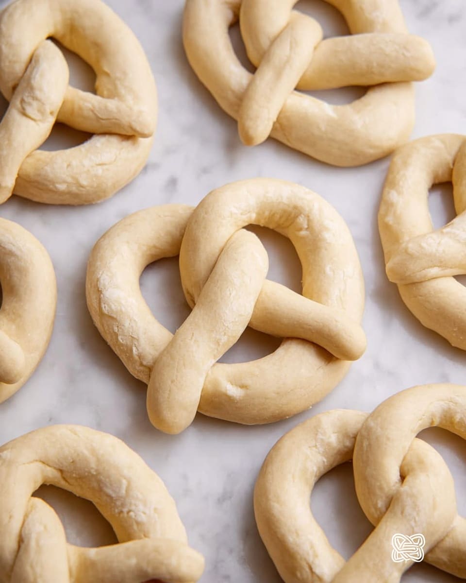 The image shows a group of eight uncooked pretzels made from light beige dough arranged on a white marbled surface. Each pretzel has a thick loop with one end of the dough twisted over and tucked under the other, forming the classic pretzel shape. The texture of the dough looks smooth and slightly soft, with some small cracks at the twists and bends. The pretzels are evenly spaced but not perfectly aligned, covering most of the image area. Photo taken with an iphone --ar 4:5 --v 7