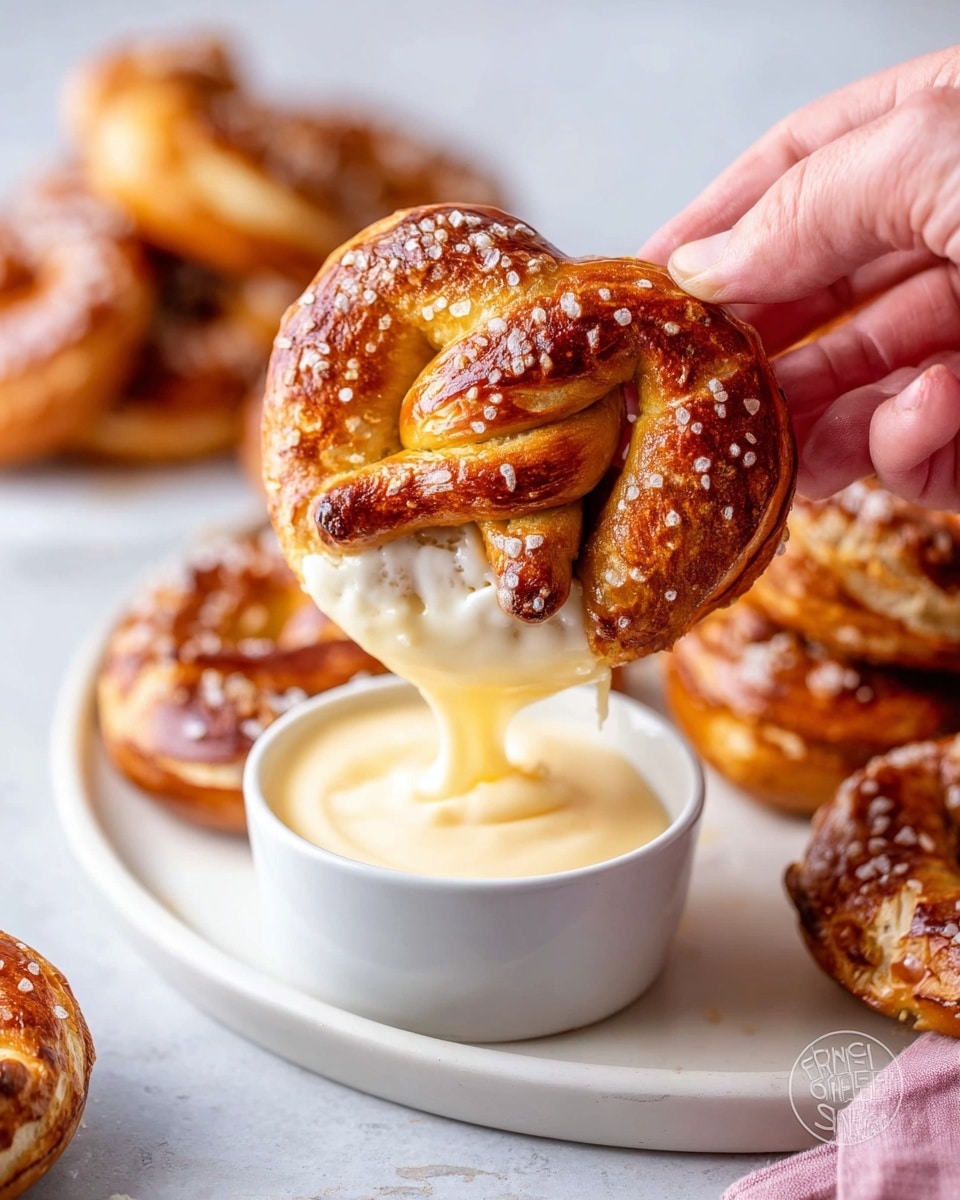 A close-up image shows a golden brown soft pretzel being held by a woman's hand as it dips into a small white bowl filled with creamy, light yellow cheese sauce. The pretzel has a clear knot shape with a crisp, caramelized texture and a sprinkle of coarse salt on top. In the background, a white plate holds several more pretzels, all similarly golden and textured, against a white marbled surface with soft natural light. The scene captures the rich, warm tones of the pretzels with smooth sauce dripping from the dipped piece. Photo taken with an iphone --ar 4:5 --v 7