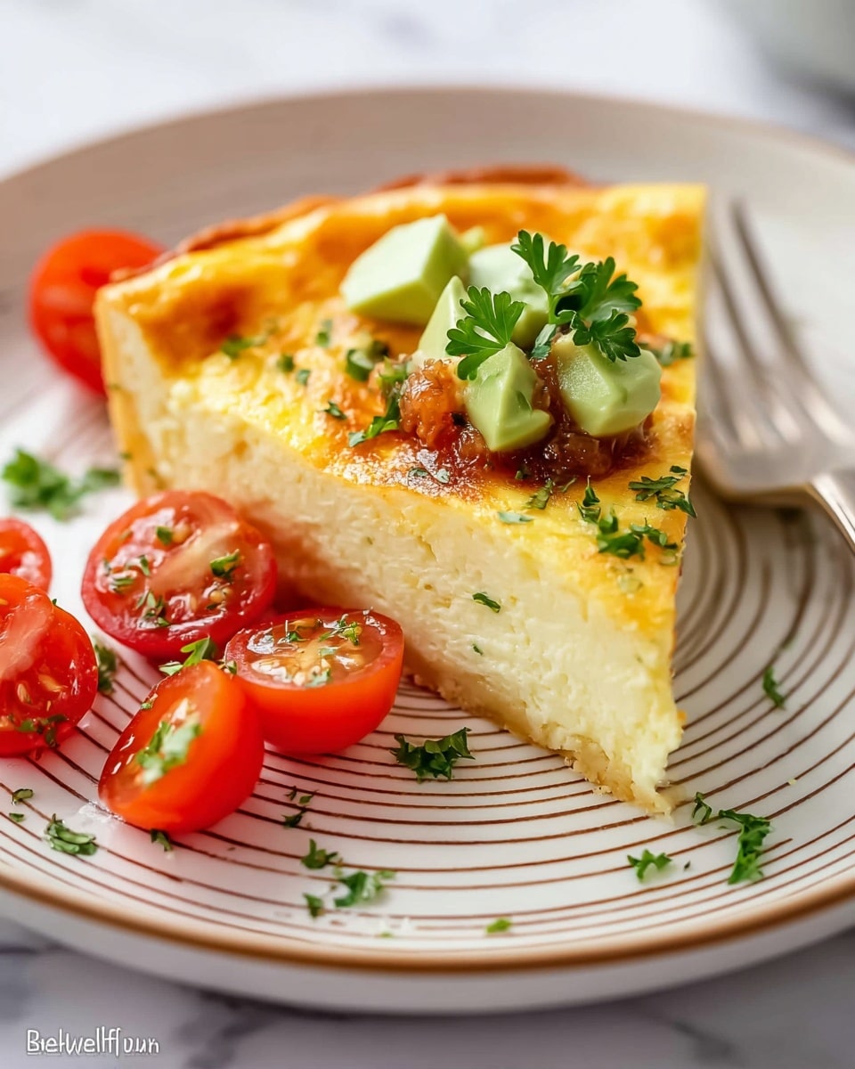 A single slice of light yellow cheese quiche rests on a white plate with brown striped lines. The quiche slice has a slightly browned edge and soft, creamy texture with little layers of cheese inside. On top, there are small chunks of light green avocado and a spoonful of reddish-brown salsa, both garnished with bright green parsley leaves. Around the slice, there are halved bright red cherry tomatoes, also decorated with small parsley leaves. The plate sits on a white marbled surface. Photo taken with an iphone --ar 4:5 --v 7