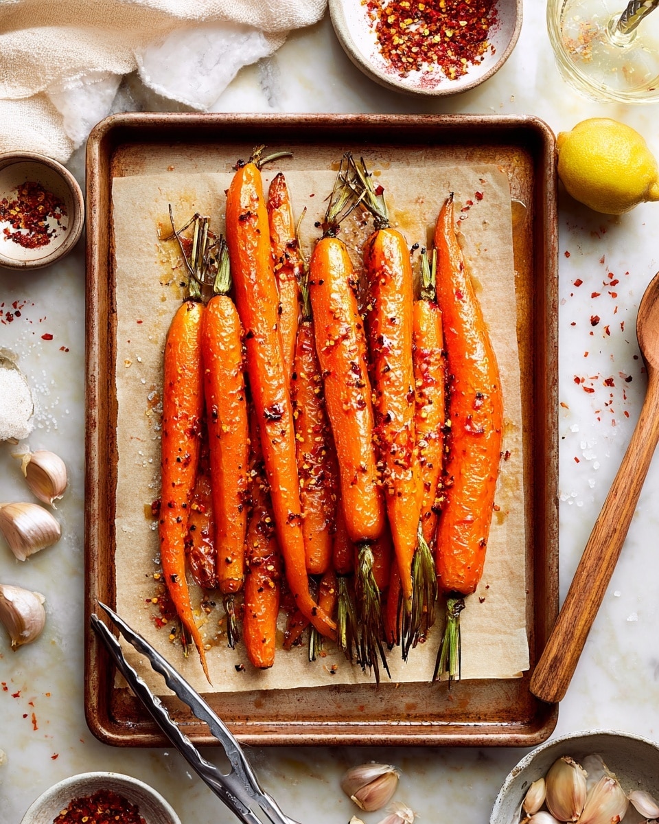 A baking tray lined with light brown parchment paper holds two layers of whole roasted carrots, arranged in a single stack with about seven carrots on each layer, all bright orange with a shiny, slightly oily texture and sprinkled with black pepper and red chili flakes. The carrots have their green tops partially attached and look well roasted with charred spots. The tray rests on a white marbled surface surrounded by scattered garlic cloves, a wooden spoon with coarse salt, small bowls with red pepper flakes and black pepper, a whole lemon in a glass juicer, and a large white bowl with spice residue. A pair of metal tongs grasp one carrot at the bottom left corner. Photo taken with an iphone --ar 4:5 --v 7