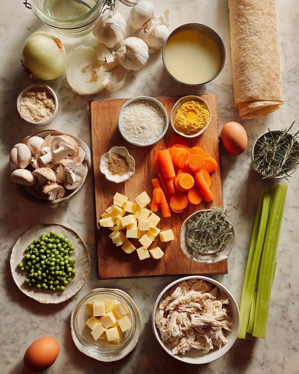 The image shows an overhead view of a cooking scene with several ingredients arranged on a white marbled surface. At the center is a wooden cutting board holding three whole carrots, sliced carrot rounds, and chopped celery pieces. Surrounding the board are small bowls with white flour, yellow mustard, white sesame seeds, and cubes of pale yellow butter. A white plate filled with sliced white mushrooms is on the left side. Towards the top, there are halved onions, garlic cloves, a jar of clear broth, a glass container with cream, and a whole brown egg on a white saucer. To the right of the cutting board are fresh green celery stalks and a small bowl of green peas, with rolled dough rolled up next to it. There is also a bowl with fresh herbs such as rosemary and thyme near the top right corner. Below the cutting board is a white bowl filled with shredded cooked chicken. The warm lighting highlights the natural colors and textures of each ingredient. photo taken with an iphone --ar 4:5 --v 7