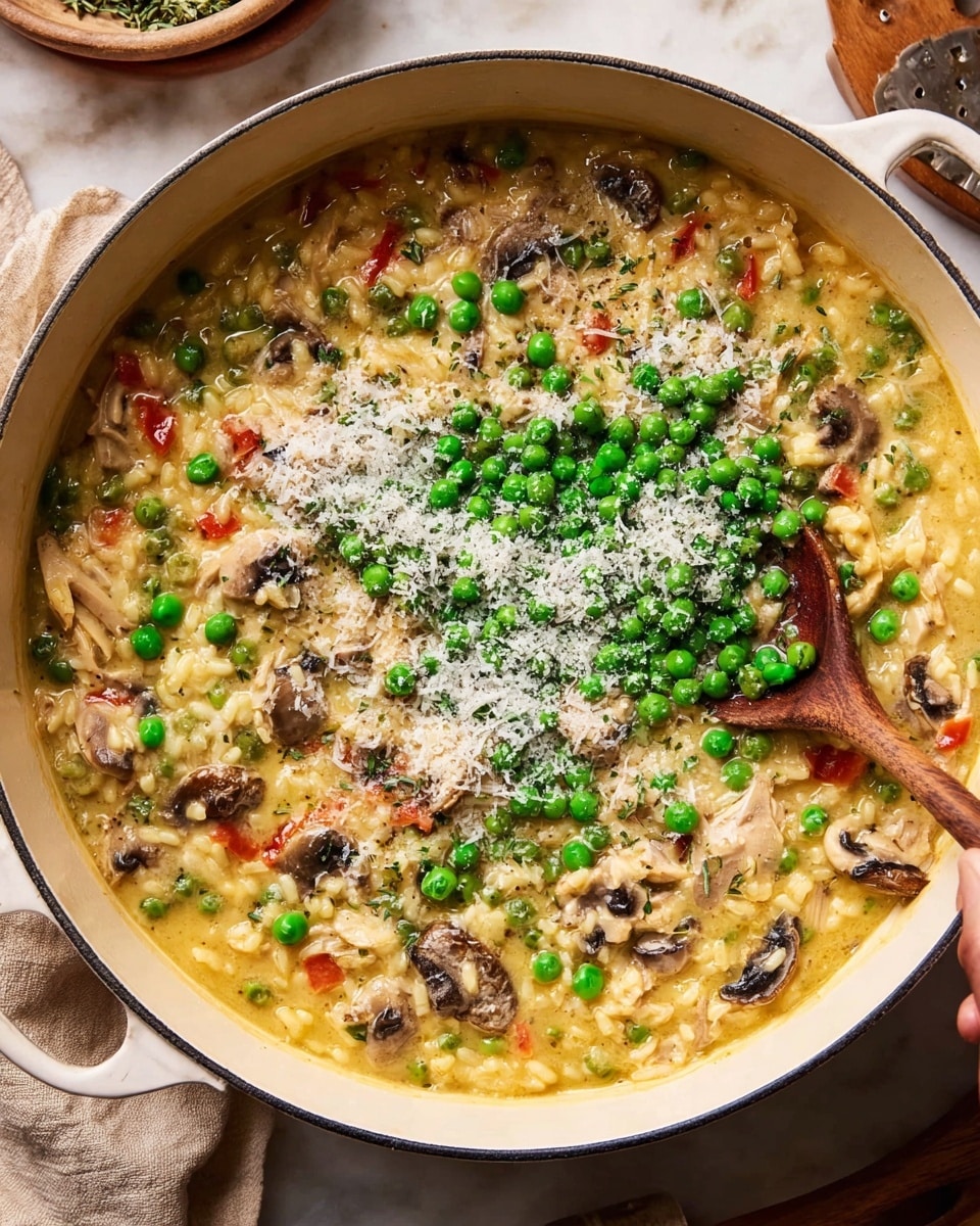 The image shows a close-up of a white pot filled with a creamy, yellow risotto mixed with visible pieces of mushrooms, red bell peppers, and possibly shredded chicken. On top, there are fresh bright green peas generously scattered, along with a layer of finely grated white cheese sprinkled unevenly over the risotto. A woman's hand holds a silver spoon that scoops some of the green peas from the dish. The pot rests on a white marbled surface with a soft beige cloth and some rustic kitchen tools slightly visible in the background. The overall look is warm and homey, with a mix of soft, creamy textures and fresh, colorful vegetables. photo taken with an iphone --ar 4:5 --v 7