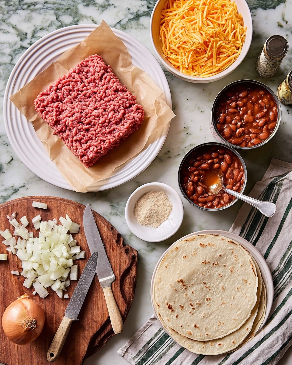 The image shows several ingredients laid out on a white marbled surface. On the left, there is a white plate with a large square of raw ground meat resting on brown parchment paper. Above it, a white bowl is filled with shredded orange cheese. To the right, two open cans hold thick red chili with beans. Below these, a wooden round board holds a partially chopped white onion, with onion pieces scattered and an unpeeled half onion beside a small knife with a light brown handle. Near the bottom, a white plate has three soft flour tortillas stacked on top of one another. Next to the tortillas, a small white dish contains a heap of light beige powder. Two silver spoons rest beside the dish and a light wooden pepper grinder with a knob is placed near the top left corner. A light towel with black stripes is laid under the cutting board on the right side. The photo taken with an iphone --ar 4:5 --v 7