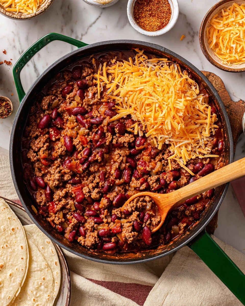 A large black skillet with two green handles holds a thick, chunky chili made of red kidney beans and browned ground meat mixed with small pieces of onion, all cooked in a rich, dark reddish-brown sauce. The chili fills the skillet, with shredded bright orange cheddar cheese scattered over the right half. A wooden spoon is scooping a portion of chili from the left side of the pan. Around the pan, there are small white bowls filled with more shredded cheddar cheese and light brown spices, along with some white flour tortillas resting on a white marbled surface under a beige cloth. Photo taken with an iphone --ar 4:5 --v 7