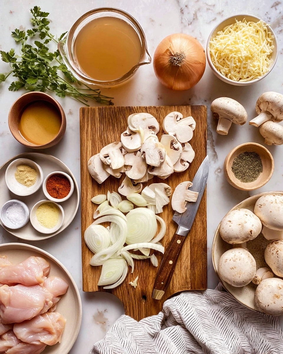 The image shows a wooden cutting board on a white marbled surface with sliced white onions and halved white mushrooms on top, accompanied by a small knife with a wooden handle resting diagonally. Around the cutting board, there are various ingredients placed neatly: a bowl of whole white mushrooms on the right, a bowl of shredded cheese above it, an onion and a plate with raw chicken pieces on the bottom left, several small white bowls containing salt, mustard, paprika, garlic cloves, and flour, and a glass of light brown broth. Fresh green herbs sit at the top center on the cutting board. A white and gray striped cloth is visible at the bottom right. The photo taken with an iphone --ar 4:5 --v 7