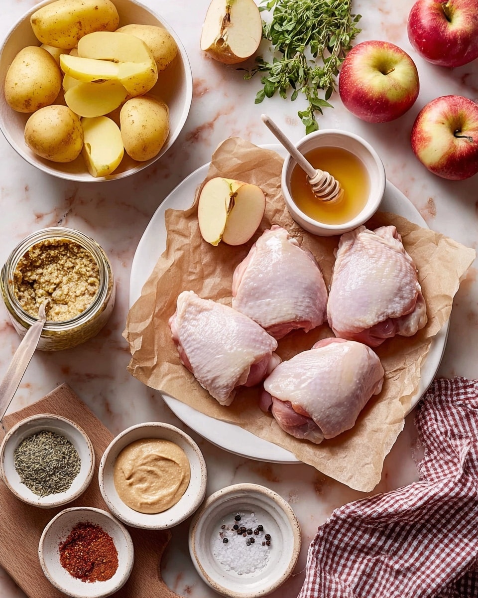 The image shows a white plate with four raw chicken thighs laid on brown parchment paper in the lower right corner. Above the chicken is a small white bowl with honey and a wooden honey dipper beside it. To the upper left, there is a white bowl filled with halved yellow potatoes. Next to it, on the left side, is a wooden board holding a jar of grainy mustard with a spoon inside, and sliced red apples scattered nearby. Around these main items are small white bowls with coarse salt, black pepper, fresh green herbs, a reddish spice, and a beige sauce or paste. The scene is set on a white marbled surface with a checkered cloth partially visible in the bottom right. photo taken with an iphone --ar 4:5 --v 7