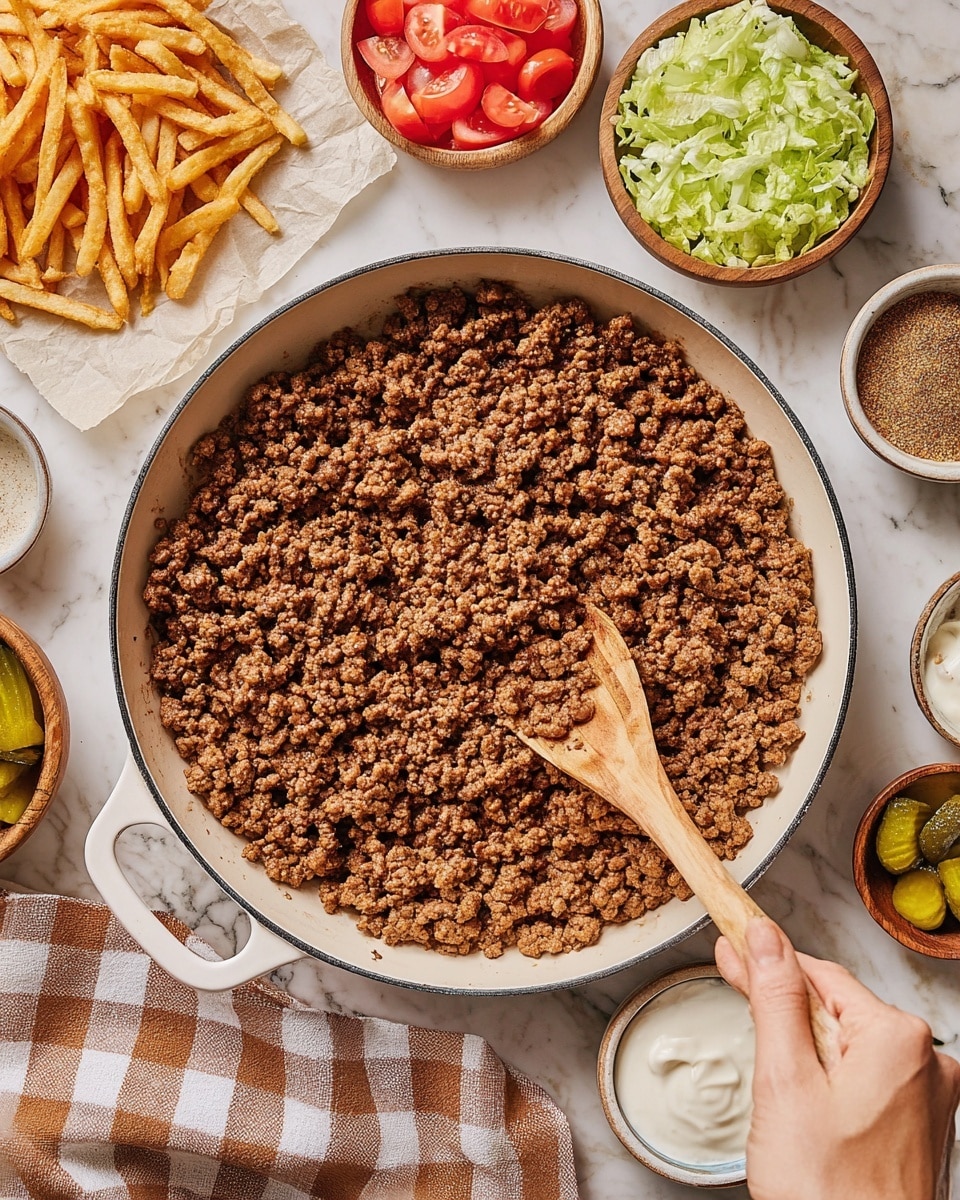 A round white pan with two handles is filled with a single layer of cooked ground meat that is brown and crumbly in texture, covering most of the pan's surface. A woman's hand holds a wooden spoon with some meat on it, stirring near the center-right side. Around the pan, placed on a white marbled surface, are small bowls with sliced green lettuce, chopped red tomatoes, diced pickles, white sauce, and a wooden bowl with mixed spices. To the left, crispy golden fries rest on white parchment paper. A brown and cream checkered cloth is partially seen beneath the pan. Photo taken with an iphone --ar 4:5 --v 7